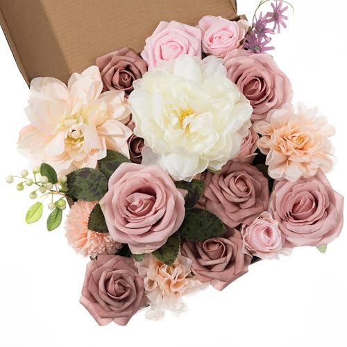 30 Pcs Roses Artificial Flowers Pink Bouquets Box Set for DIY Bridal Wedding Shower Decorations Fake Floral Arrangements for Party Table Centerpieces Home Decor Indoor Outdoor Dusty Blush - color: White/Pink1