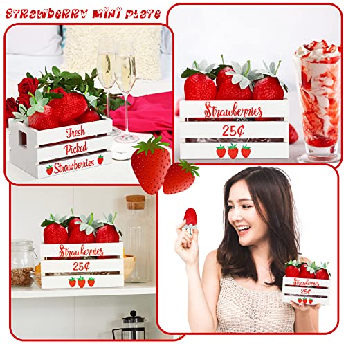 Maitys Strawberry Table Decor, Rustic Summer Tiered Tray Decor Mini Wooden Crate with 8 Fake Strawberry, Farmhouse Table Centerpiece Berry Decoration for Kitchen Mantel Shelf, Baby Shower Party Supply