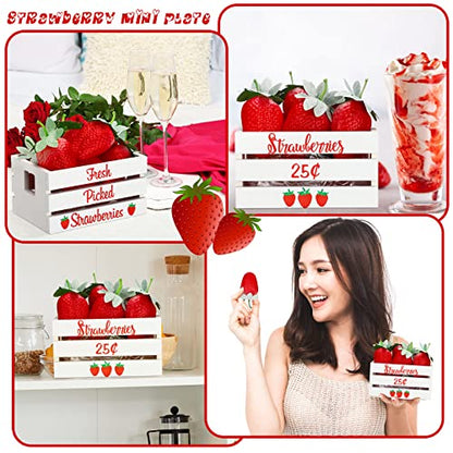 Maitys Strawberry Table Decor, Rustic Summer Tiered Tray Decor Mini Wooden Crate with 8 Fake Strawberry, Farmhouse Table Centerpiece Berry Decoration for Kitchen Mantel Shelf, Baby Shower Party Supply