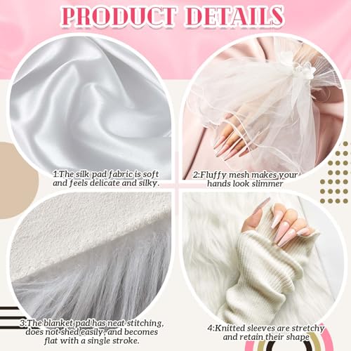 Coume 4 Pcs Nail Background Mat for Pictures White Nail Photo Props Background for Pictures Flat Lay Mat Include Small Locker Rugs Silk Cushions Knitted Sleeves Lace Sleeves for Jewelry Art