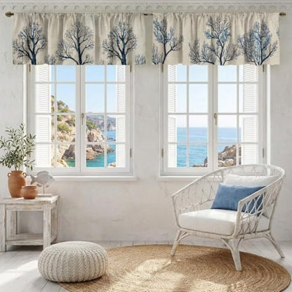 Minimalist Tree Curtain, Two-Pack, Indigo Branch Linen Botanical Pattern,Applicable to Bathroom, Bedroom, 54x18 inches. - color: Minimalist Tree