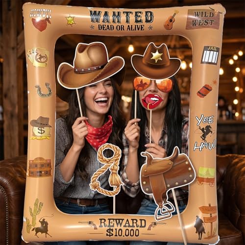 Western Cowboy Cowgirl Photo Booth Props Inflatable Frame, 30Pcs Wild West Photo Props with Large Inflatable Picture Frame for Country Rustic Cowboy Party Selfie Supplies - color: Western Cowboy
