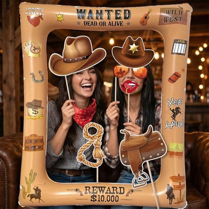 Western Cowboy Cowgirl Photo Booth Props Inflatable Frame, 30Pcs Wild West Photo Props with Large Inflatable Picture Frame for Country Rustic Cowboy Party Selfie Supplies - color: Western Cowboy