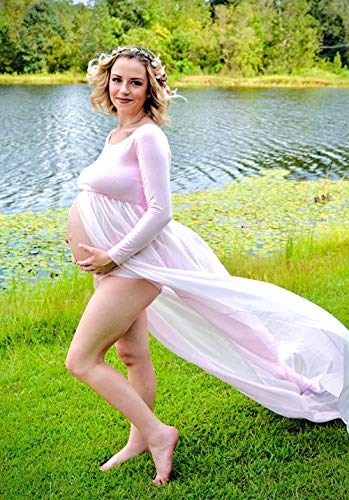 ZIUMUDY Maternity Maxi Chiffon Photography Dress Split Front Gown for Photoshoot - color: Pink