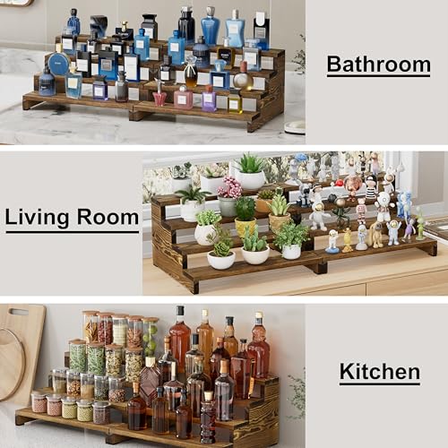 ZUJJAFY Cologne Organizer for Men, 4 Tier Wooden Cologne Stand Mens Fragrance Shelf, Tiered Wood Risers Display Stands for Perfume, Cupcake, Figures, Dessert - color: Carbonized