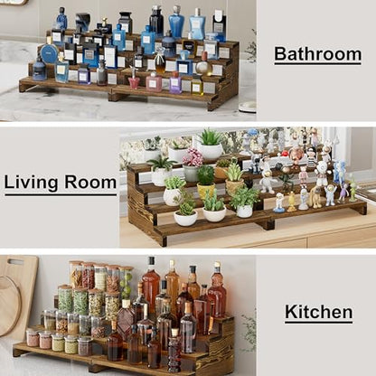 ZUJJAFY Cologne Organizer for Men, 4 Tier Wooden Cologne Stand Mens Fragrance Shelf, Tiered Wood Risers Display Stands for Perfume, Cupcake, Figures, Dessert - color: Carbonized