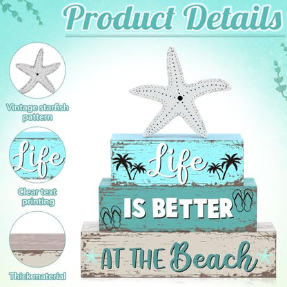 Geelin 4 Pcs Summer Table Decorations Ocean Life Better Wooden Block Signs Beach Theme Starfish Palm Slipper Tabletop Centerpieces Farmhouse Tiered Tray Decor for Home Table Kitchen Shelf - style: Ocean