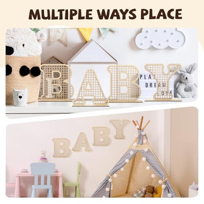 4 Pcs Wood Baby Letters - Boho Nursery Decor for Baby Shower | Rustic Alphabet Letter Home Decoration for Newborns & Birthday Gifts | Perfect Table Centerpiece for Toddler Girls & Boys
