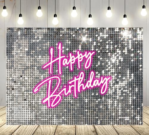 Withu Silver Sequins Pink Neon Happy Birthday Backdrop for Photography Shining Flash Stars Shimmer Wall Decoration Banner Princess Girls Women Bday Party Background 7x5ft - size: 7x5ft