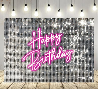 Withu Silver Sequins Pink Neon Happy Birthday Backdrop for Photography Shining Flash Stars Shimmer Wall Decoration Banner Princess Girls Women Bday Party Background 7x5ft - size: 7x5ft