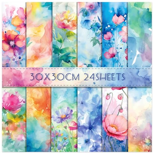 24 Sheets Floral Scrapbook Paper 30x30cm Watercolor Flower Patterned Double Sided Scrapbooking Decorative Craft for Card Making Kit Cardstock Origami Paper Supplies - color: Watercolor Floral