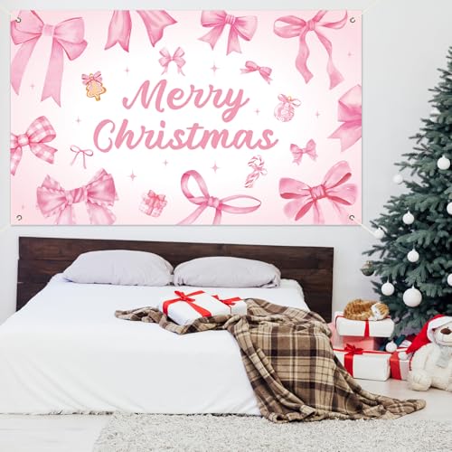 Pink Bow Christmas Backdrop Xmas Birthday Party Decorations Merry Christmas Photography Background Pink Bow Hanging Banner for Girls Women Birthday Bachelorette Party Supplies Photo Props 6x3.6 ft
