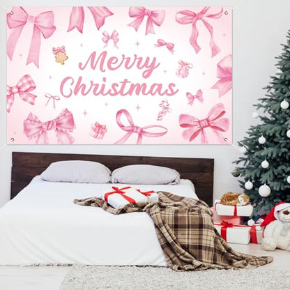 Pink Bow Christmas Backdrop Xmas Birthday Party Decorations Merry Christmas Photography Background Pink Bow Hanging Banner for Girls Women Birthday Bachelorette Party Supplies Photo Props 6x3.6 ft