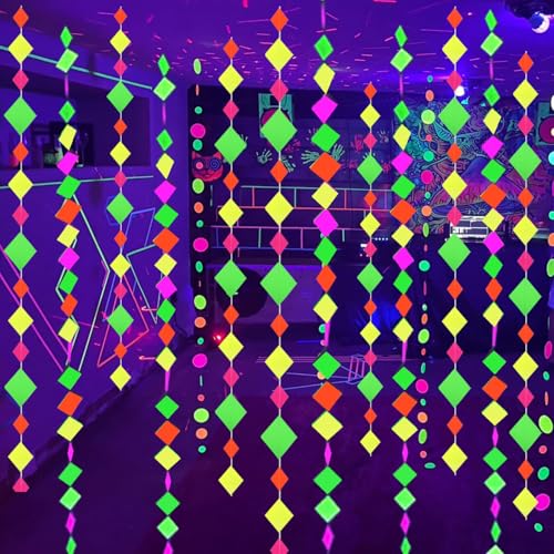 122feet Neon Streamers Glow Garland Glow in The Dark Block Hanging Paper Ornaments Blacklight Reactive Fluorescent Black Light Party Kit Neon Glow Party Supplies and Decorations for Birthday Wedding - color: 6 Neon Block Garland