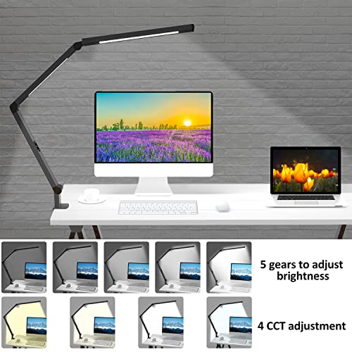 LED Desk Lamp with Clamp, Architect Desk Lamp with Dual Light and Adjustable Swing Arm, Clip-on Eye-Care 4 CCT Modes & 5 Brightness Levels Table Light Modern Computer Lighting for Home Office - color: Black+Touch