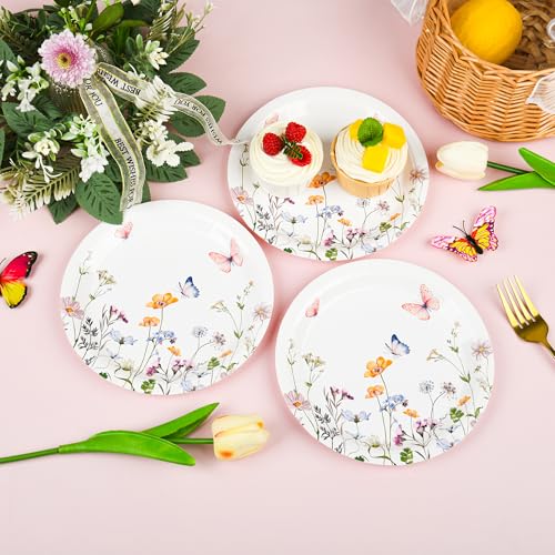 AimFun 24 Pcs Wildflower Paper Plates Watercolor Floral Disposable Party Dessert Plate 7" Rustic Botanical Butterflies Plates for Spring Summer Bridal Baby Shower Tea Party Supplies
