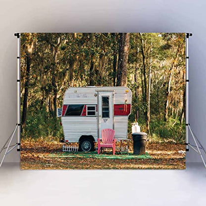 Camp Party Camping Backdrop 7x5ft Sunny Forest Camper Trailer Nature Scenery Photography Background Studio Photo Prop RBJYYLU24 - size: polyester microfiber fabric-7x5ft