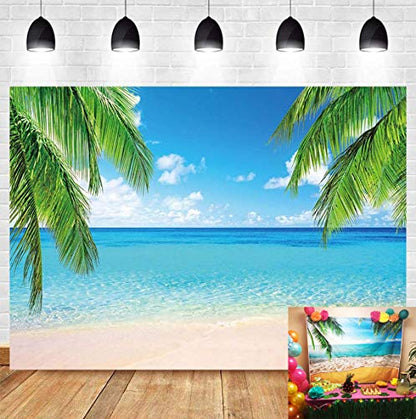 Summer Tropical Beach Photography Backdrops Seaside Island Palm Trees Photo Blue Sky White Clouds Background for Hawaii Pool Party Luau Theme Party Decoration Studio Props Banner 5x3ft - size: 5x3 Ft