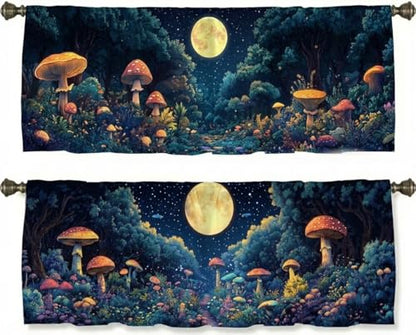 Mushroom Forest Curtain, Two-Pack, Enchanted Night Fantasy Moon,Applicable to Bathroom, Bedroom, 54x18 inches. - color: Mushroom Forest