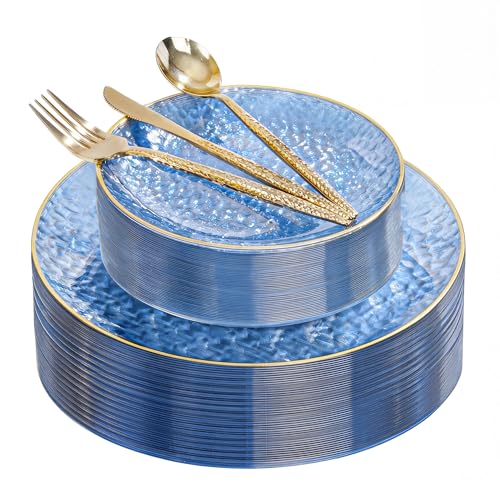 I00000 150Pcs Clear Blue Plastic Plates with Gold Rim,Blue Disposable Plates,Clear Hammer Patterned Disposable plates Set include 30 Dinner Plate,30 Dessert Plate,90 plastic Silverware Set for Party - color: Clear Blue