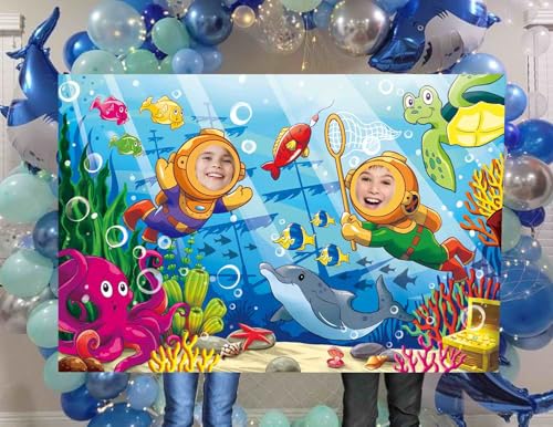 Cartoon Undersea Diving Face in Hole Backdrop 5 x 3.3 ft, Underwater World Diver Face Cutout Photo Props, Seabed Shipwreck Treasure Marine Life Photography Background for Kids Boys