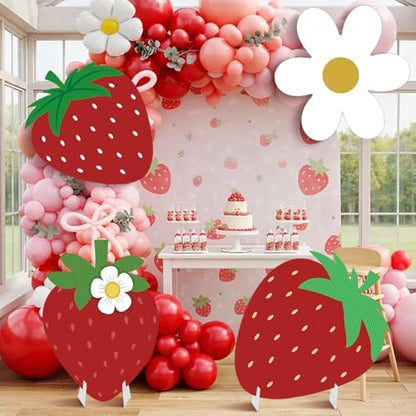 4 Pcs Large Strawberry Birthday Cardboard Cutouts Strawberry Baby Shower Backdrop Party Decorations for Lawn Yard Signs Summer Fruit Themed Party Supplies Photo Booth Props - style: Strawberry