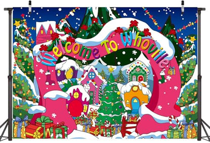 Welcome to Whoville Backdrop Winter Christmas Village Photography Background for Kids First Birthday Baby Shower Happy New Year Xmas Holiday Party Decoration Supplies Photo Props (10x6FT) - size: 10x6FT