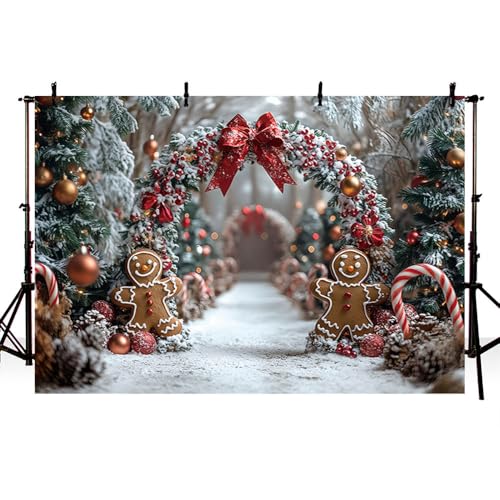AIBIIN 8x6ft Winter Christmas Gingerbread Man Backdrop Snowy Christmas Tree Arch with Candy Canes and Red Bows Photo Background Holiday Winter Wonderland Birthday Party Baby Shower Vinyl Studio Prop - color: Gingerbread Man, size: 8x6ft
