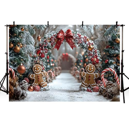 AIBIIN 8x6ft Winter Christmas Gingerbread Man Backdrop Snowy Christmas Tree Arch with Candy Canes and Red Bows Photo Background Holiday Winter Wonderland Birthday Party Baby Shower Vinyl Studio Prop - color: Gingerbread Man, size: 8x6ft