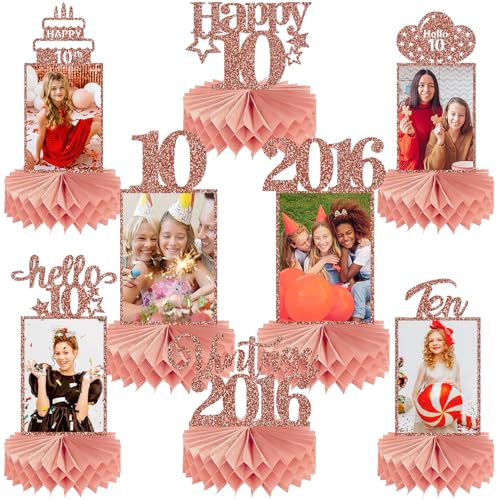 Guiruiy 8Pcs Happy 10th Birthday Decorations Photo Honeycomb Centerpieces for Girls, Pink Rose Gold Glitter Vintage 2016 10 Bday Photo Table Centerpieces Party Supplies, Happy Tenth Bday Table Topper - style: Rose Gold 10th