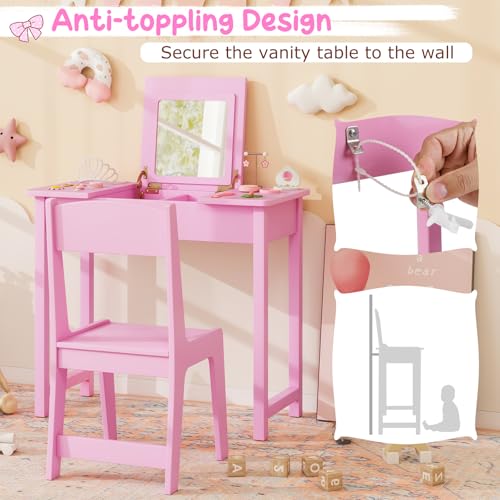 Costzon Kids Vanity, 2 in 1 Girls Vanity Set with Flip Top Mirror, Hidden Storage Space, Wooden Toddler Makeup Vanity Desk Dressing Table, Kids Vanity Table and Chair Set (Pink) - style: Pink with Flip Top Mirror