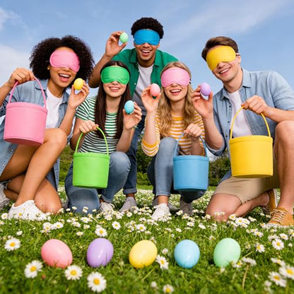 4 Set Easter Outdoor Party Games Easter Eggs Scoop Challenge Bucket for Family with 4 Bucket 4 Scoop 4 Eye Mask and 50 Easter Egg Bucket Blind Egg Challenge for Holiday Party