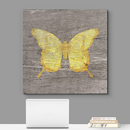 wall26 Canvas Print Wall Art Yellow Wood Effect Butterfly Nature Plants Wood Panels Modern Art Farmhouse/Country Colorful Multicolor Warm for Living Room, Bedroom, Office - 12"x12" - color: Artwork - 03, size: 12"L x 12"W