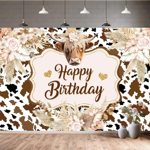 Wathon Western Cow Birthday Backdrop for Photography Brown Highland Cattle with Floral Pampas Grass Party Decorations Banner Boho Fun Farm Cow Photo Background Booth Video Studio Props 6X4FT - color: Fun Cow, size: 6X4FT