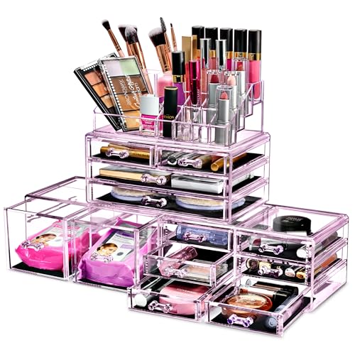Sorbus Large Makeup Organizer - Clear Stackable Jewelry & Makeup Organizer For Vanity, Bathroom Storage, Dresser - 12 Drawers Cosmetic Beauty Organizers and Storage with Lipstick, Makeup Brush Holder - color: Purple