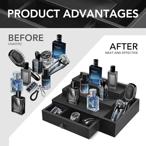 Cologne Stand Organizer for Men, 3 Tier Cologne Display Shelf with Velvet Lining Drawer and Compartments for Watch, Jewelry, Perfume Display Risers for Cologne, Great Gift for Father