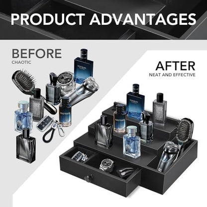 Cologne Stand Organizer for Men, 3 Tier Cologne Display Shelf with Velvet Lining Drawer and Compartments for Watch, Jewelry, Perfume Display Risers for Cologne, Great Gift for Father
