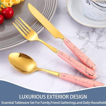 24 Pieces Flatware Set, Stainless Steel Cutlery Set with Silverware Holder, Modern Gold Silverware Set Includes Dinner Knives Forks Spoons,Hanging Silverware Set Service for 6 (Pink Gold) - color: Pink Gold