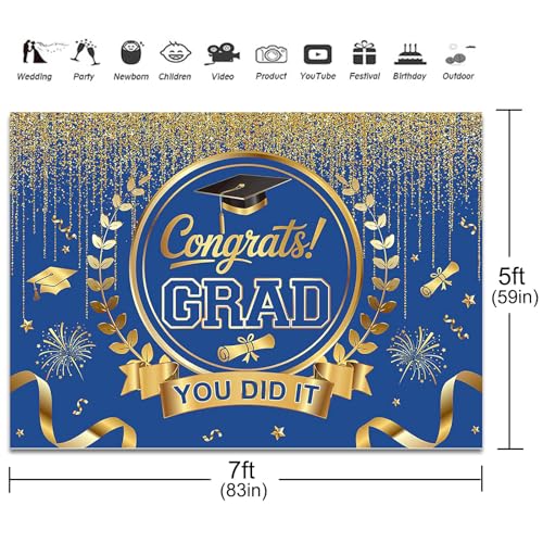 Graduation Backdrop Congrats Grad You Did It Party Decorations Background Congratulations Graduate Class of 2026 Banner Photo Booth Props (Blue and Gold, 7x5ft) - color: Blue and Gold