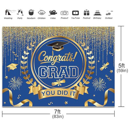 Graduation Backdrop Congrats Grad You Did It Party Decorations Background Congratulations Graduate Class of 2026 Banner Photo Booth Props (Blue and Gold, 7x5ft) - color: Blue and Gold