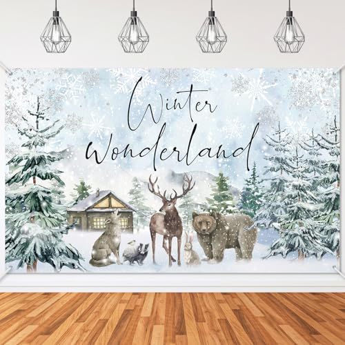 Mocsicka Winter Wonderland Backdrop Banner Woodland Animals Winter Wonderland Baby Shower Birthday Holiday Party Decorations Photo Booth Props (6x3.6ft) - size: 6x3.6ft