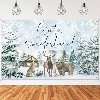 Mocsicka Winter Wonderland Backdrop Banner Woodland Animals Winter Wonderland Baby Shower Birthday Holiday Party Decorations Photo Booth Props (6x3.6ft) - size: 6x3.6ft
