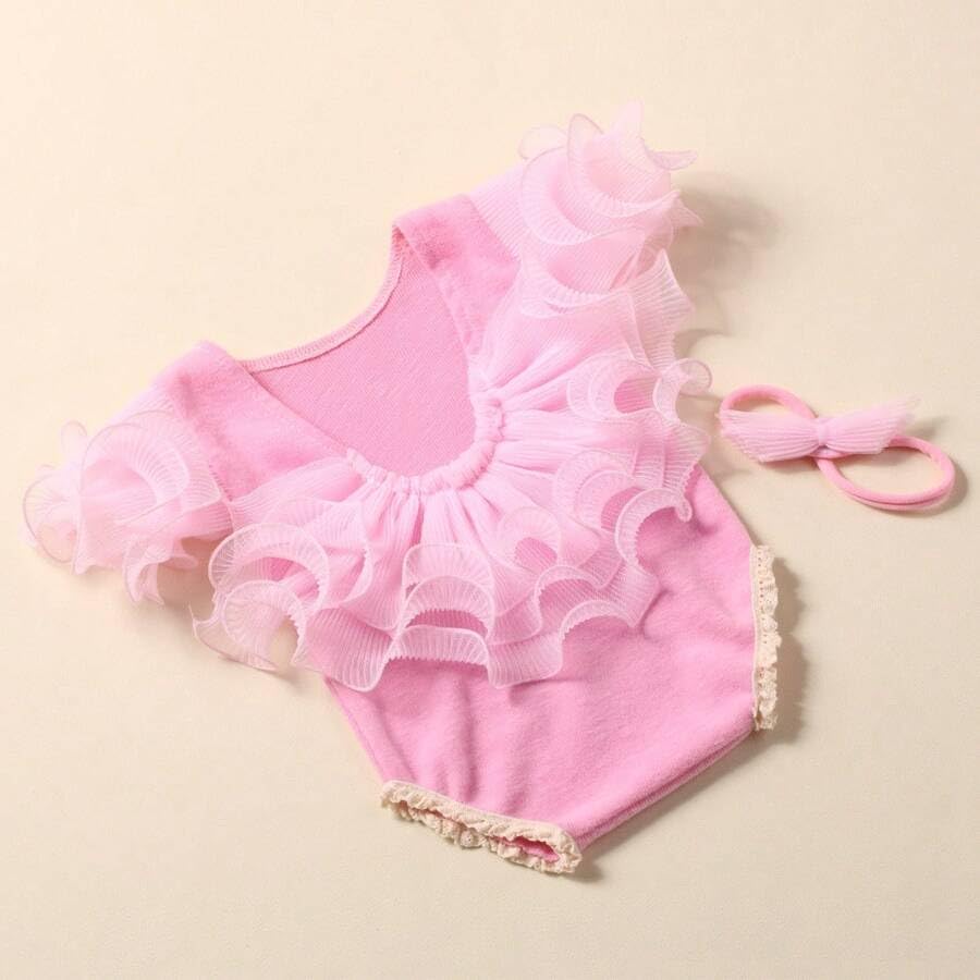Newborn Photography Outfits Girl, Baby Girl Photo Props, Newborn Photoshoot Ruffles Outfits with Headband - color: Pink