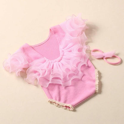Newborn Photography Outfits Girl, Baby Girl Photo Props, Newborn Photoshoot Ruffles Outfits with Headband - color: Pink
