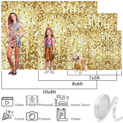 10 x 8 ft Golden Glitter Backdrop Square Gold Sequin Shimmer Wall Background Sparkle Party Decorations Banner for Baby Shower Birthday Anniversary Props Event Supplies（ Non-Glowing Brilliant Design） - color: Golden, size: 10x8 FT