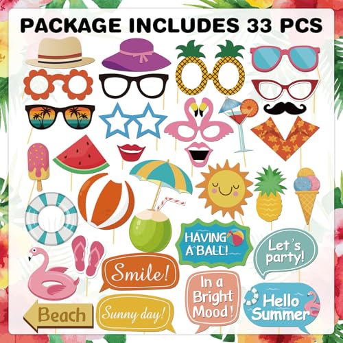 33 Pcs Hello Summer Photo Props Kit, Hawaii Luau Tropical Tiki Beach Summer Pool Men Women Girl Boy Kids Teens Cutouts Birthday Party Celebration Decorations Photography Props