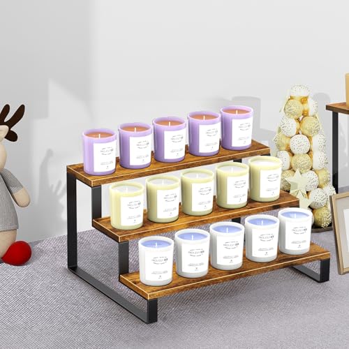 ELITEROO Wooden Display Riser Stand, 3 Tier Display Risers, Tiered Cabinet Organizer, Widened Display Rack Shelf Kitchen Counter Shelf for Makeup Perfume Figure Dolls Collection Condiment Candles