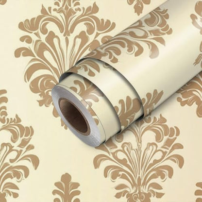 HOMETITUTE Wallpaper Peel and Stick Gold Damask on Beige Background Contact Paper Wall Paper Stick 17.7" x 118.1" Self Adhesive Removable Vinyl Wall Covering Bedroom Kitchen Bathroom Home Decor - color: Gold Damask on Beige Background
