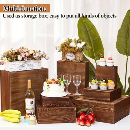 Barydat 8 Pcs Large 13.7" Wood Risers Display Stands Rustic Square Cupcake Stand Food Risers Stackable Display Box for Buffet Table Dessert Food Birthday Wedding Party(Black Brown) - color: Black Brown, size: Large