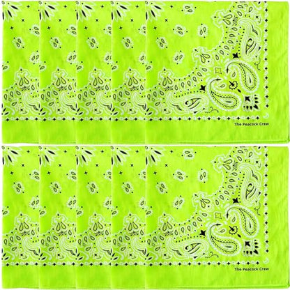 The Peacock Crew Premium Soft Cotton Bandanas Pack for Men and Women Paisley 22 x 22 inches - color: Pack of 10 Lime Green